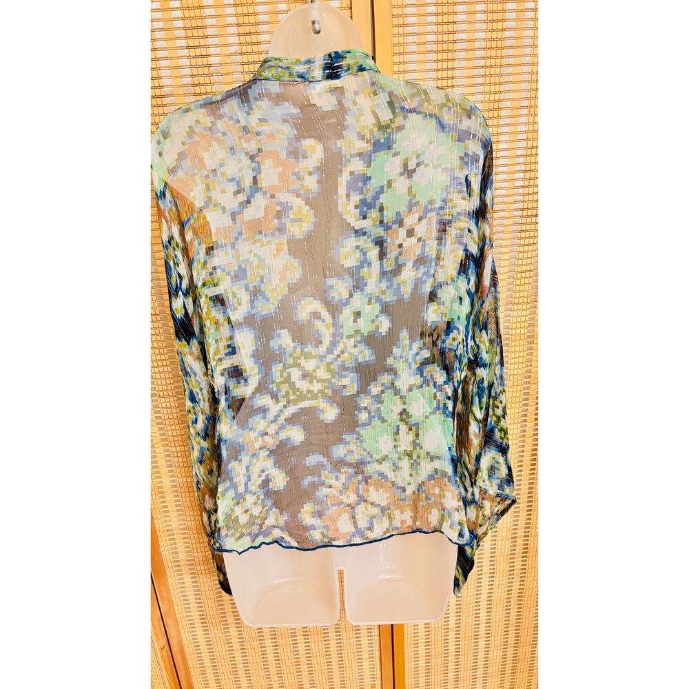 Free People Fleur De Lis blue sheer floral cardigan Kimono style duster sz Small - Picture 6 of 10